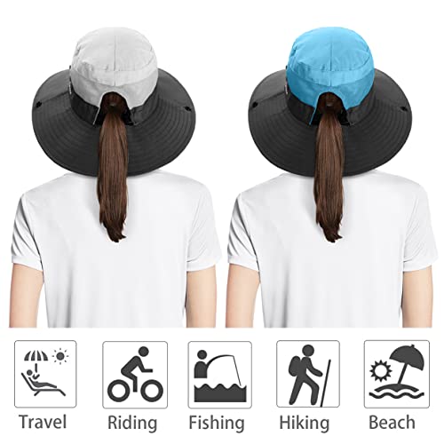 IYEBRAO 2 Pack Womens Ponytail Sun Hat UV Protection Bucket Hats Foldable Wide Brim Summer Boonie Beach Cap Fishing Hiking… - color: Beige & Sky Blue