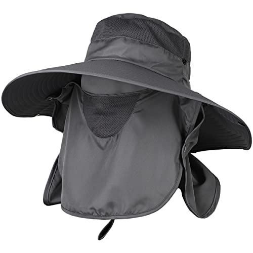 Women Wide Brim Face Mask Sun Hat Detachable Neck Face Flap Ponytail UV Protection Visor Hat Garden Fishing Hiking - color: Hyp008-darkgray