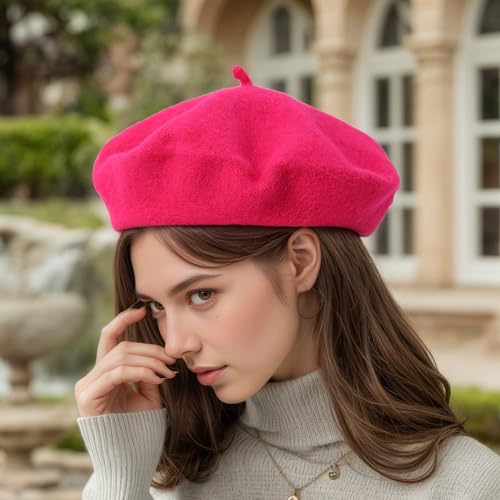 Women's Wool Beret: 70% Wool French Hat for Daily, Lightweight & Chic Berets for Women - color: Rose Red