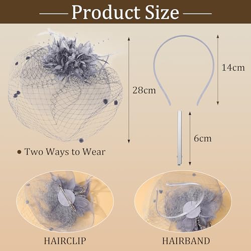 Fascinators Hats Tea Party Hats for Women Feather Veil Headband Vintage Lace Cocktail Headwear Bridal Wedding Veil Retro Hat - color: Grey