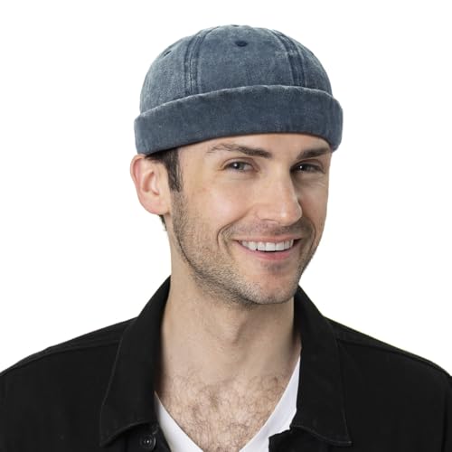XYIYI Washed Cotton Brimless Hats for Men Vintage Docker Beanie Cap Rolled Cuff Skullcap - color: Navy