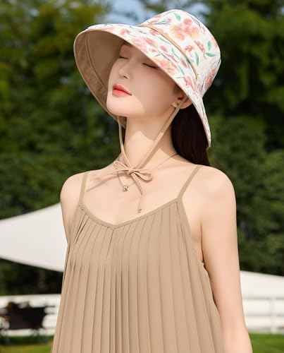 HUAMULAN Women Wide Brim Reversible Sun Hat Summer Beach Fishing Bucket - color: Khaki Floral