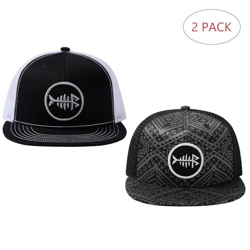 BASSDASH 2 Pack Flat Brim Trucker Cap Adjustable Snapback Hat Mesh Back for Men Women Fishing Hunting - color: Pack of 2, Black and White & Black Geometry