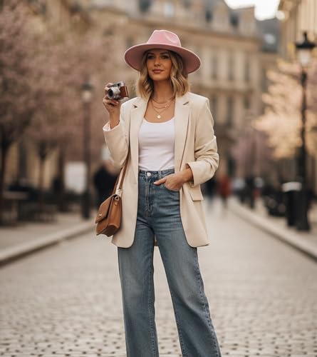 Lisianthus Women Classic Felt Fedora Wide Brim Hat with Belt Buckle - color: Pink