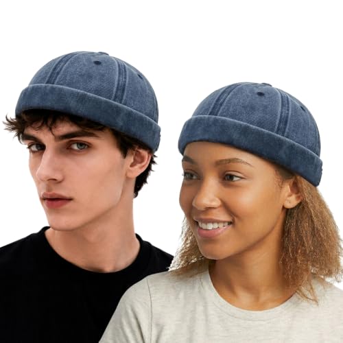 Sailor Brimless Skull Hat, Washed Cotton Docker Hat for Men Vintage - color: Navy Blue