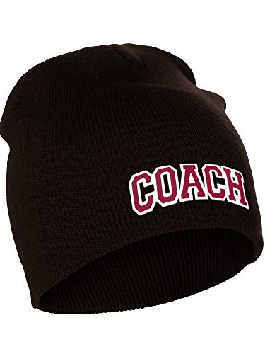I&W Sports Team Coach Arch Letters Winter Knit Cuffless Beanie 3D Raised Layers - color: Brown Beanie White Red