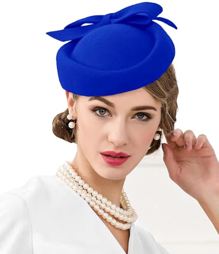 ORIDOOR British Style Pillbox Hat Women Church Wedding Winter Vintage Fascinator Beret 100% Wool Felt Hat with Veil - color: 03b-royal Blue