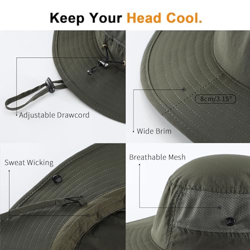 Home Prefer UPF50+ Mens Sun Hat Wide Brim Womens UV Protection Beach Bucket Hat for Fishing Hiking Snap Up Cowboy Hat - color: Army Green