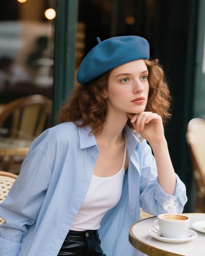French Beret Hats for Women - Wool Solid Color Beanie Cap - color: Peacock Blue