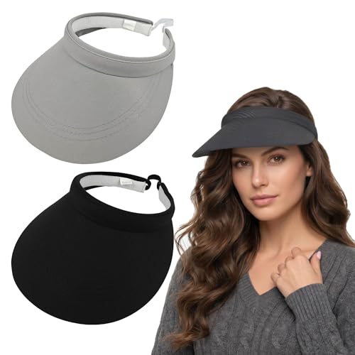 2 Pack Sun Visors Women Wide Brim Clip on Summer Hats Adjustable UV Protection - color: Mixed-gray,black