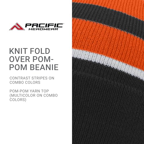 Pacific Headwear Unisex Adult Pacific Headwear Knit Fold Over Pom-pom Beanie - color: Black/Orange/White