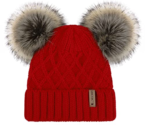 Arctic Paw Womens Winter Hat Cable Knit Beanie for Women Faux Fur Pompom Ears - color: Red_grid