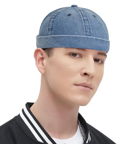 Classic Denim Skull Cap for Men Adjustable Brimless Beanie Hat for Everyday Casual Wear - color: Blue