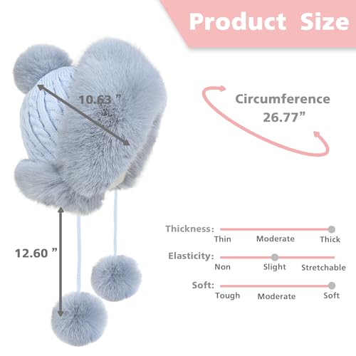 Winter Hats Cute Kint Hat Russian Fur Crochet Hat Slouchy Beanies with Pompom Warm Fuzzy Snow Cap Trapper Hat for Women - color: Light Blue
