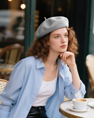 French Beret Hats for Women - Wool Solid Color Beanie Cap - color: Grey
