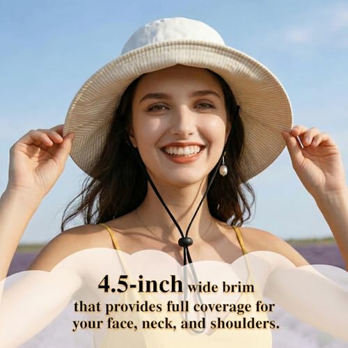Womens Foldable Shapeable Brim Sun Hat UPF 50+ Cotton Wide Brim Beach Adjustable Chin Strap Hat Sun Protection Cap - color: Z-beige