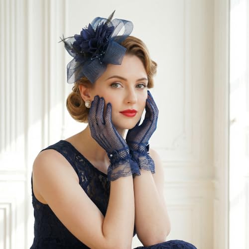 Fascinators Hats with Lace Gloves for Women Headband for Tea Party Wedding - color: Navy Blue