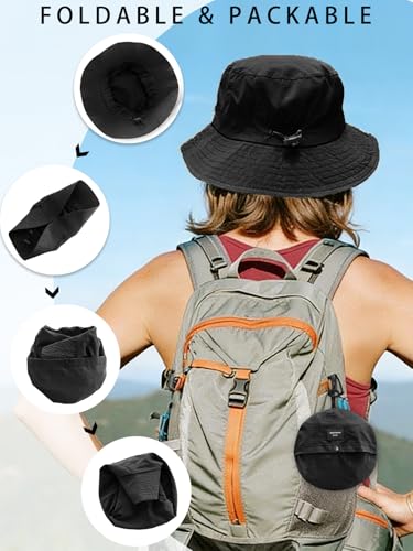 Splash-Proof Packable Bucket Hat for Men Women Lightweight Foldable Fishing Hiking Sun Hat with Adjustable Chin Strap - color: Black