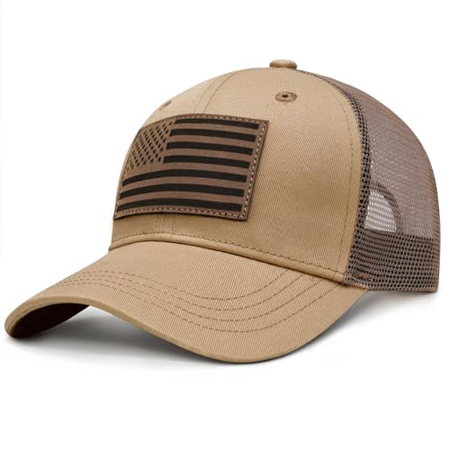 American Flag Trucker Hat - Snapback Hats for Men Women Baseball Cap - Breathable Mesh & Adjustable Fit for Casual Wear - color: Light Brown