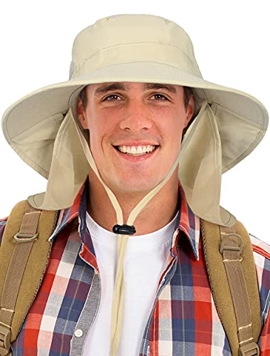 Catalonia Sun Hat for Men,Outdoor Wide Brim Hat with Neck Flap Cover for Fishing Hiking Safari Gardening - color: Tan / Side Mesh