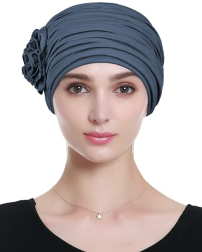 Alnorm Flower Design Chemo Hair Loss Caps Cancer Headwear for Women - color: Dark Blue Gray