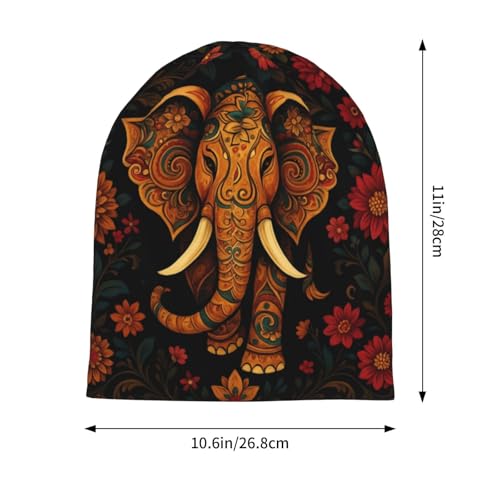 Slouchy Beanies Skull Caps for Women Men, Cool Running Hat Soft Night Caps for Sleeping Chemo Headwear - color: Black Golden Floral Elephant