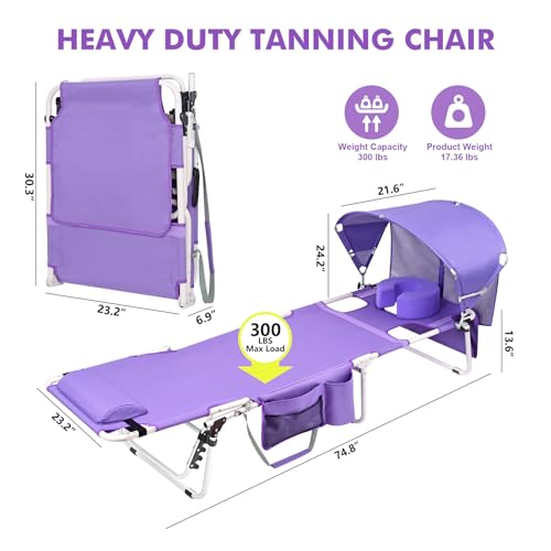 Tanning Chair with Sun Canopy Face Hole Softer Padded Adjustable Washable, Heavy Duty Layout Folding Lounge Chair for Adults Outside Beach Reading Sunbathing Poolside Lawn, UPF 50+ Sun Shade, 300 LBS - color: Purple, size: Standard Size