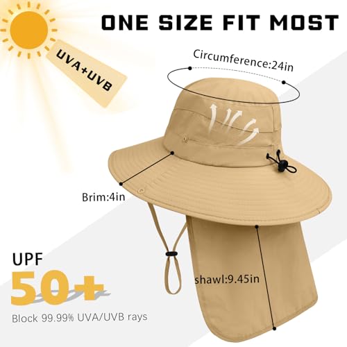 Sun Hats for Men Women, UPF 50+ Protection Fishing Hat with Neck Flap - color: Khaki