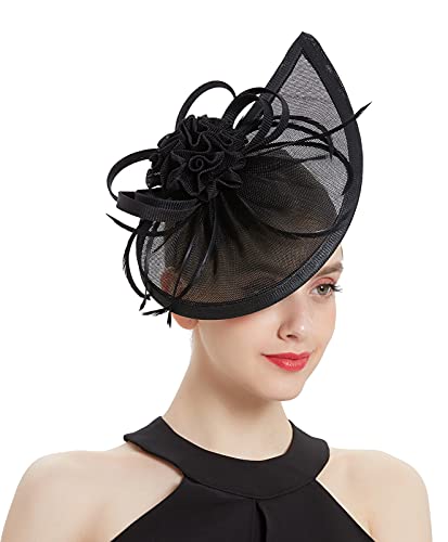 ORIDOOR Women Fascinators Derby Church Tea Party Wedding Flower Feathers Headpiece with Headband Clips - color: 21c Black