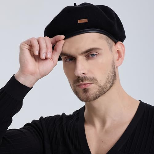 Cotton French Beret Hat for Men Women, Military Style Beret Cap with Leather Label & Drawstring, Casual Beanie - color: Black