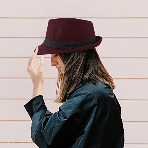FALETO Unisex Classic 20s Trilby Fedora Hat with Band Casual Jazz Cap Manhattan - color: Wine Red
