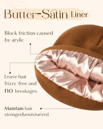 YANIBEST Satin Lined Beanie for Women, Reduce Frizz Winter Hats - color: Dark Orange