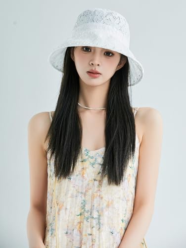 Summer Hats Women 2026 Fashionable Wide Brim Bucket Hat Lace Sunhat Slouchy - color: White