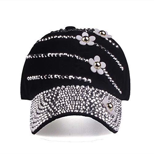 Women Bling Baseball Cap with Flower, Vintage Adjustable Low-Profile Dad Hat Sport Strapback Caps for Ladies - color: Black