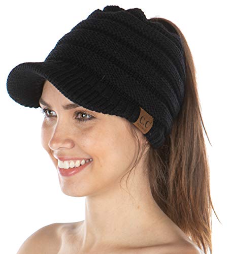 Funky Junque Exclusives Ponytail Beanie for Women – Cable Knit Womens Winter Hat, High Pony Tail Running Beanies - color: Black - Brim Cap