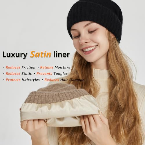 Facecozy Satin Lined Beanie for Women Soft Satin Lining Slouchy Winter Hats - color: Black