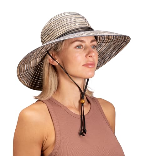 Sloggers Women's Wide Brim Braided Sun Hat with Wind Lanyard - UPF 50+ Maximum Sun Protection - color: Earth Brown