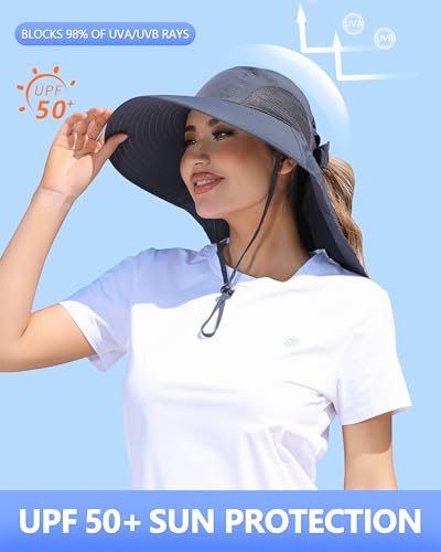 Womens Sun Hat Outdoor UV Protection Wide Brim Fishing Hat with Ponytail Hole Neck Flap for Beach Hiking Camping - color: Sun Hat-dark Grey