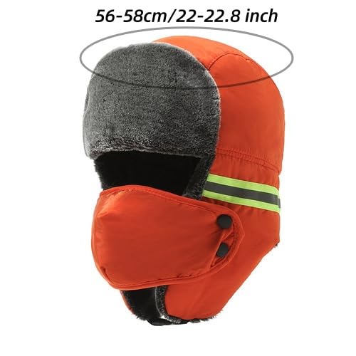 Winter Thermal Plush Trapper Hat with Face Mask Windproof Warm Reflective Russian Ushanka Hat Hunting Ski Cap for Men Women - color: Orange