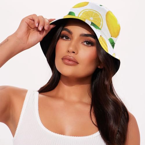 Unisex Bucket Hat Beach Sun Hat Aesthetic Fishing Hat for Men Women Teens, Reversible Double-Side-Wear - color: Lemon White