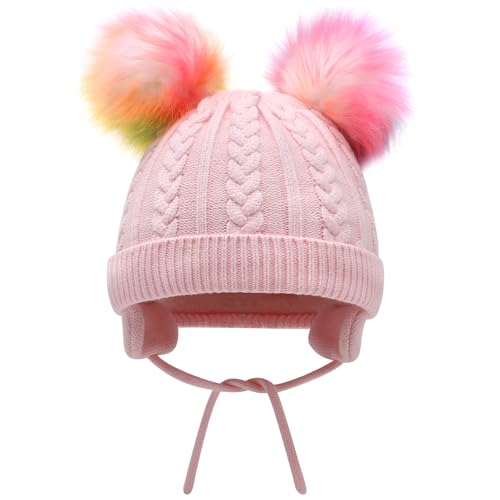 Duoyeree Toddler Winter Hat, Earflap Double Pom Pom Knit Beanie 0-36M - color: Pink-rainbowball, size: 12-36 Months