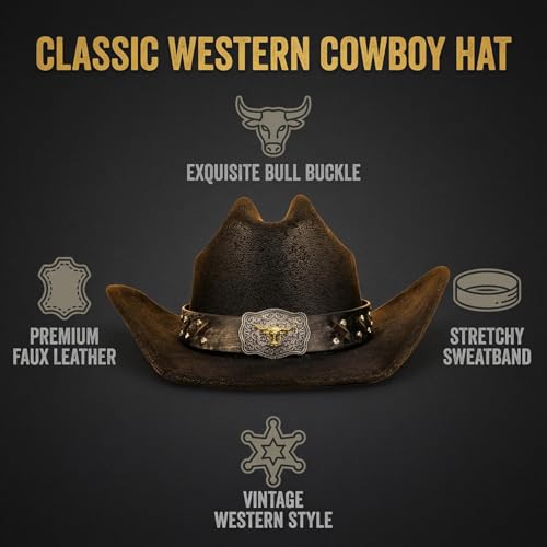 Cowboy Hat for Men Women – Microfiber Faux Leather Western Hat, Medium Size (21.5-22.5 Inch Head Circumference) - color: Prh-black-l
