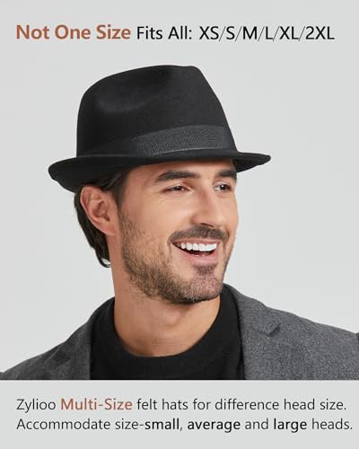 Zylioo XXL XL L Fedora Hat for Men Women, 1920s Short Brim Felt Trilby Hat - color: Black, size: Large