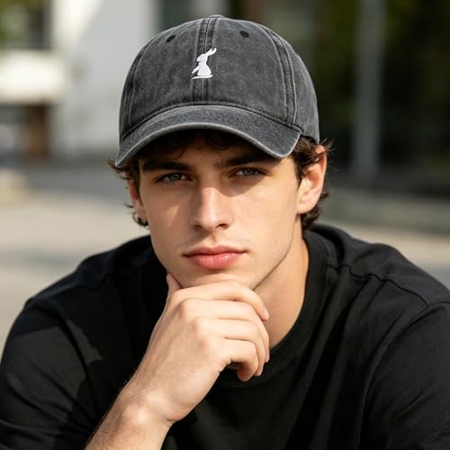 Plam Trees Hats Embroidered Washed Cotton Baseball Cap for Men Women Distressed Black Snapback Baseball Hat Adjustable - color: Bunny Rabbit