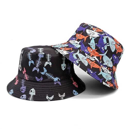 Quanhaigou Reversible Printed Bucket Hat,Summer Beach Outdoor Cap - color: Cartoon Shark