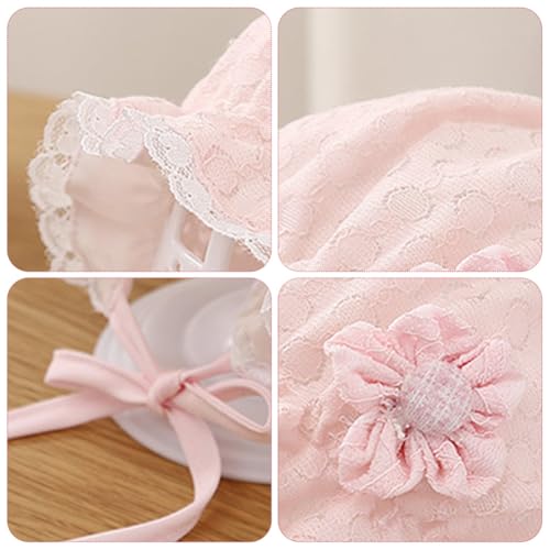 Lovely Baby Girl Bonnet Soft Ruffle Brimmed Newborn Baby Beanie - color: Lace Flower Pink & White