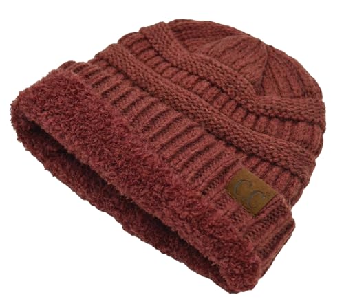 C.C Unisex Chunky Soft Stretch Cable Knit Warm Fuzzy Lined Skully Beanie - color: Brick