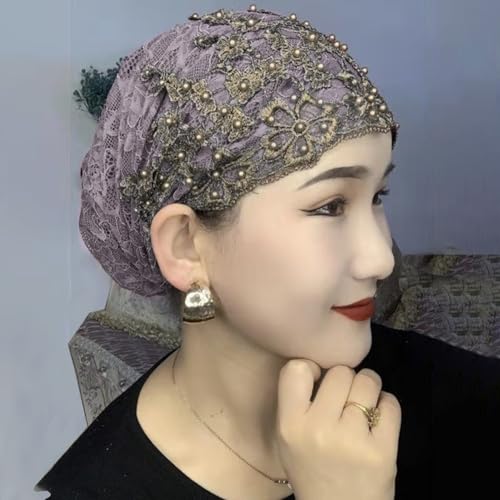 haozaikeji Women Flower Turban Hat Rhinestones Muslim Islamic Head Wrap African Pearl Turban Soft Stretchy Head Cover - color: Light-purple