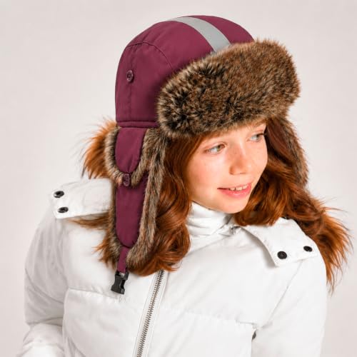 Faux Fur Safety Reflective Plain Plaid Aviator Trapper Hat Snow Ski Trooper Winter Cap - color: 1. Reflective - Burgundy, size: Large-X-Large