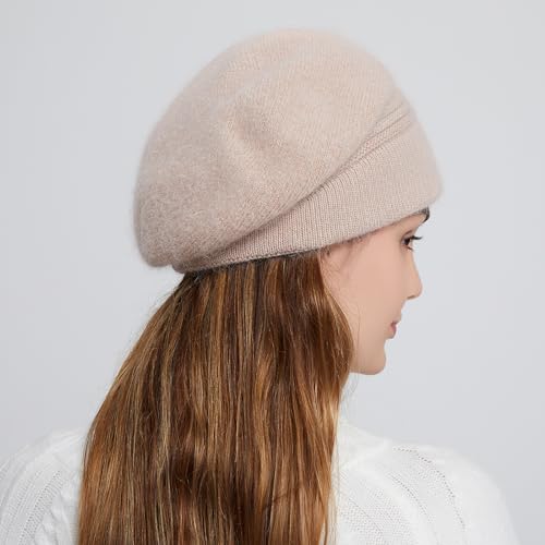 Flower Women Beret, Double Layer Thickened Winter Knitted Beanie Beret Hat, Stylish French Dress Beret Hats for Women - color: Khaki